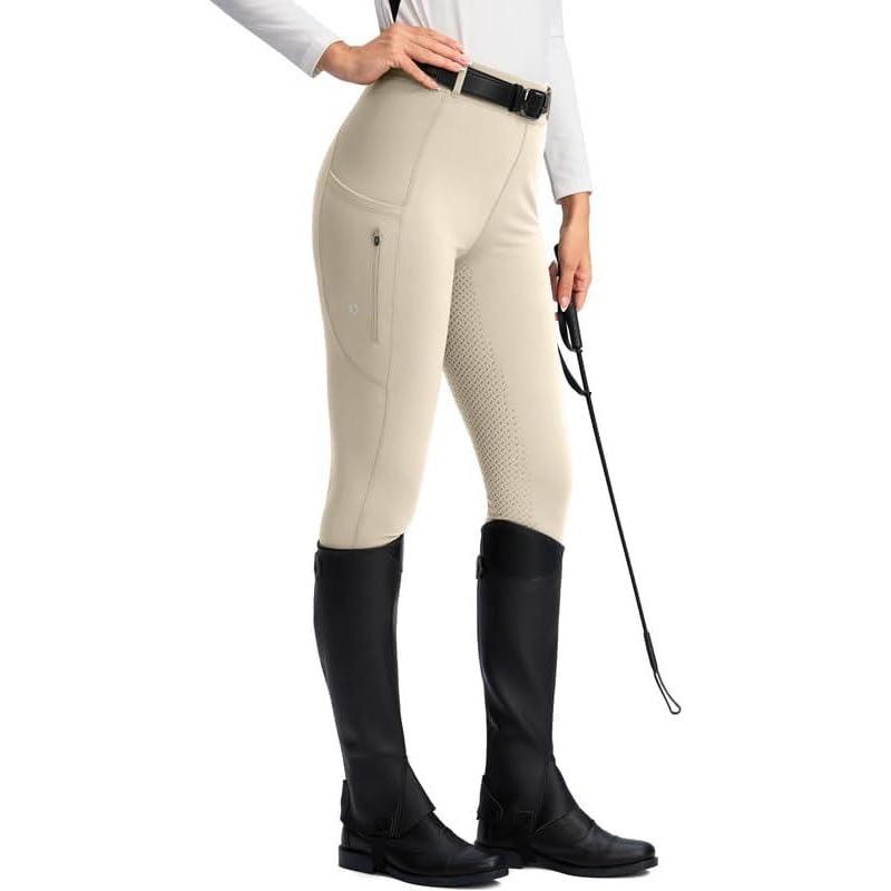 imageSANTINY Womens Horse Riding Pants Zipper Pockets Silicone FullSeat Breeches Equestrian Schooling Tights for WomenBeige