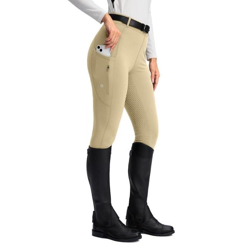 imageSANTINY Womens Horse Riding Pants Zipper Pockets Silicone FullSeat Breeches Equestrian Schooling Tights for WomenKhaki