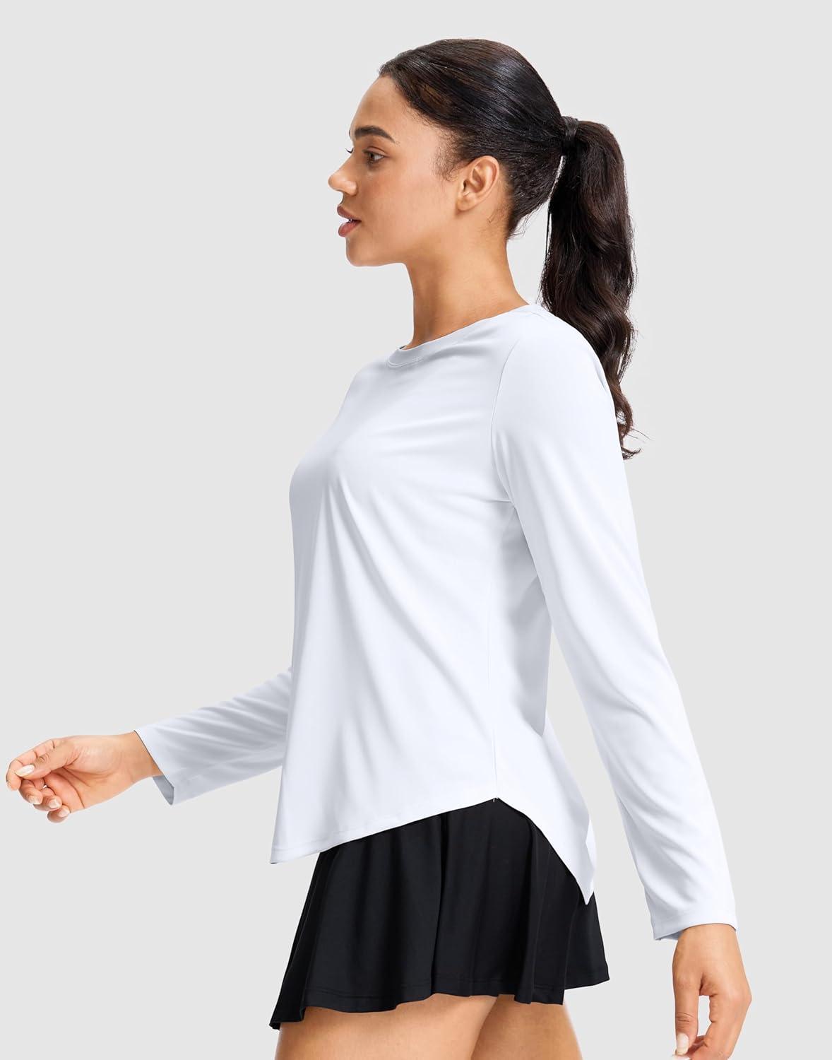 imageSANTINY Lightweight Long Sleeve Workout Tops for Women Breathable Active Tennis Sports Top Gym Yoga Athletic Running ShirtsA White