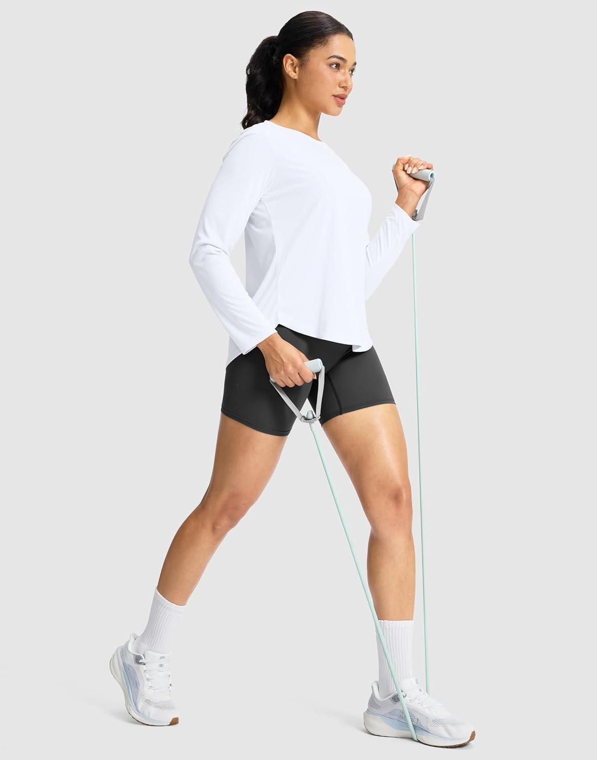 imageSANTINY Lightweight Long Sleeve Workout Tops for Women Breathable Active Tennis Sports Top Gym Yoga Athletic Running ShirtsA White