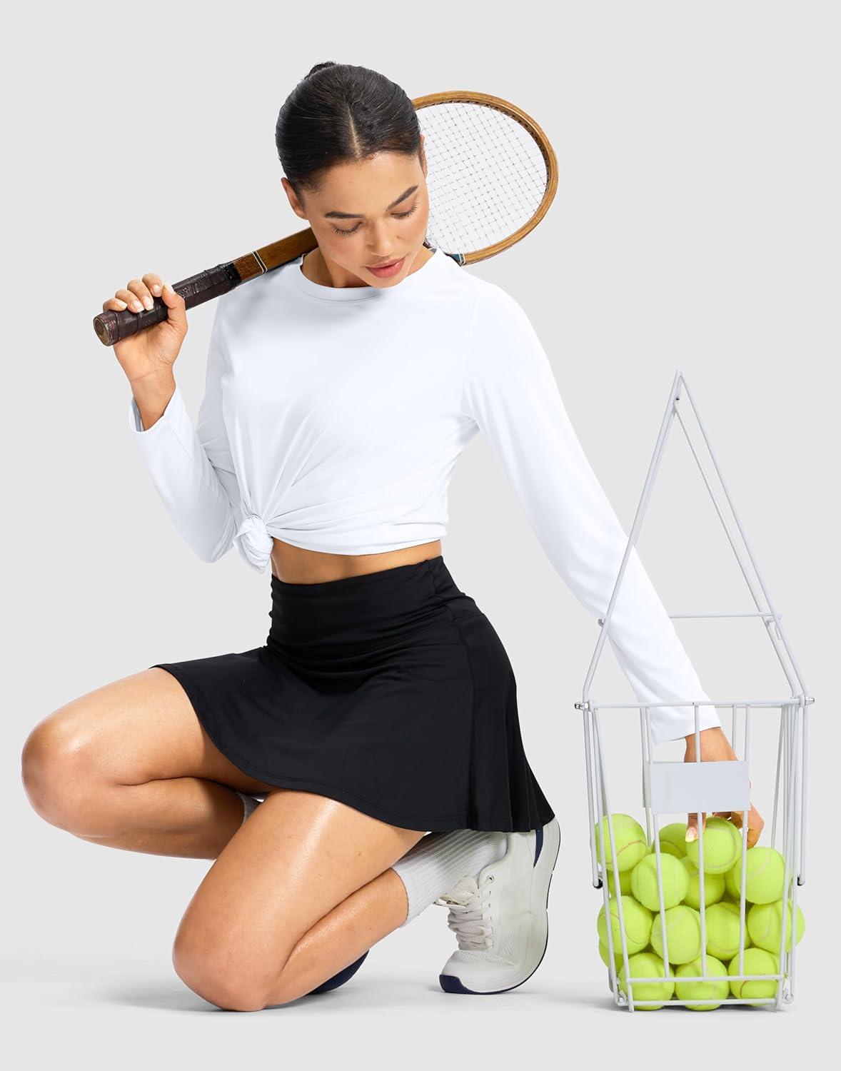 imageSANTINY Lightweight Long Sleeve Workout Tops for Women Breathable Active Tennis Sports Top Gym Yoga Athletic Running ShirtsA White