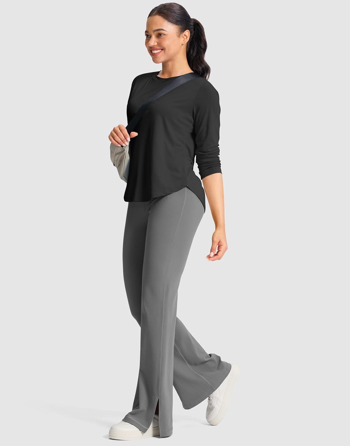 imageSANTINY Lightweight Long Sleeve Workout Tops for Women Breathable Active Tennis Sports Top Gym Yoga Athletic Running ShirtsBlack