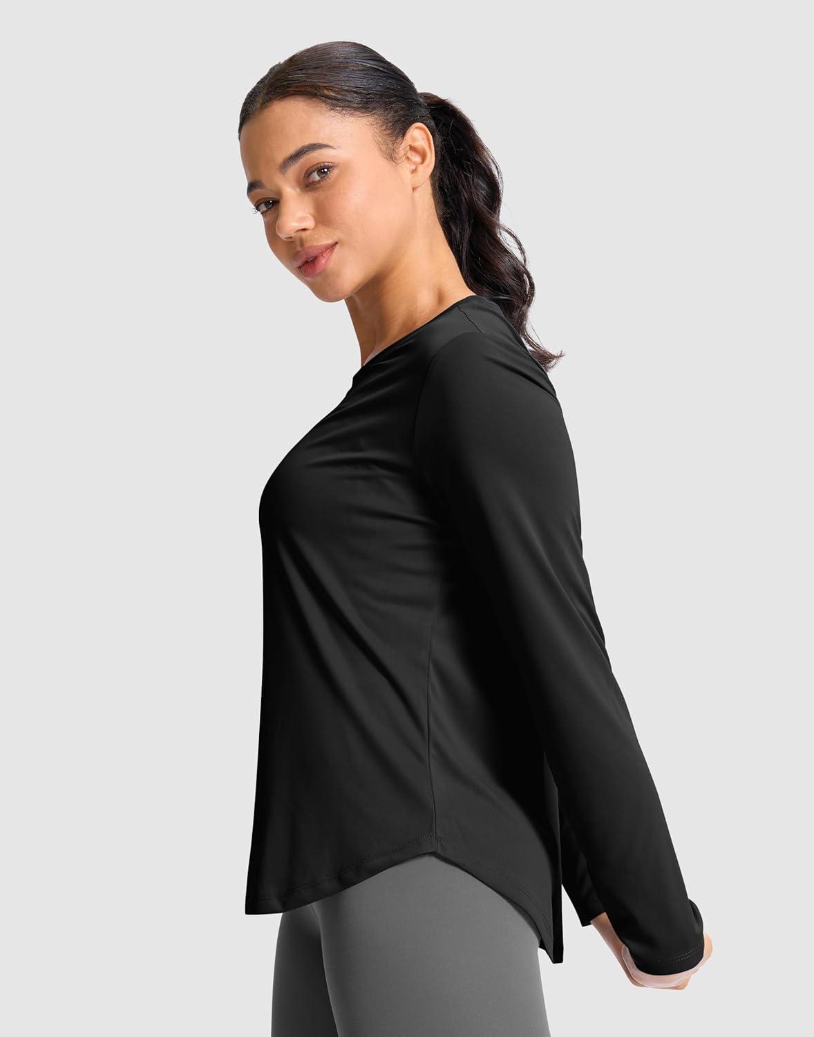 imageSANTINY Lightweight Long Sleeve Workout Tops for Women Breathable Active Tennis Sports Top Gym Yoga Athletic Running ShirtsBlack