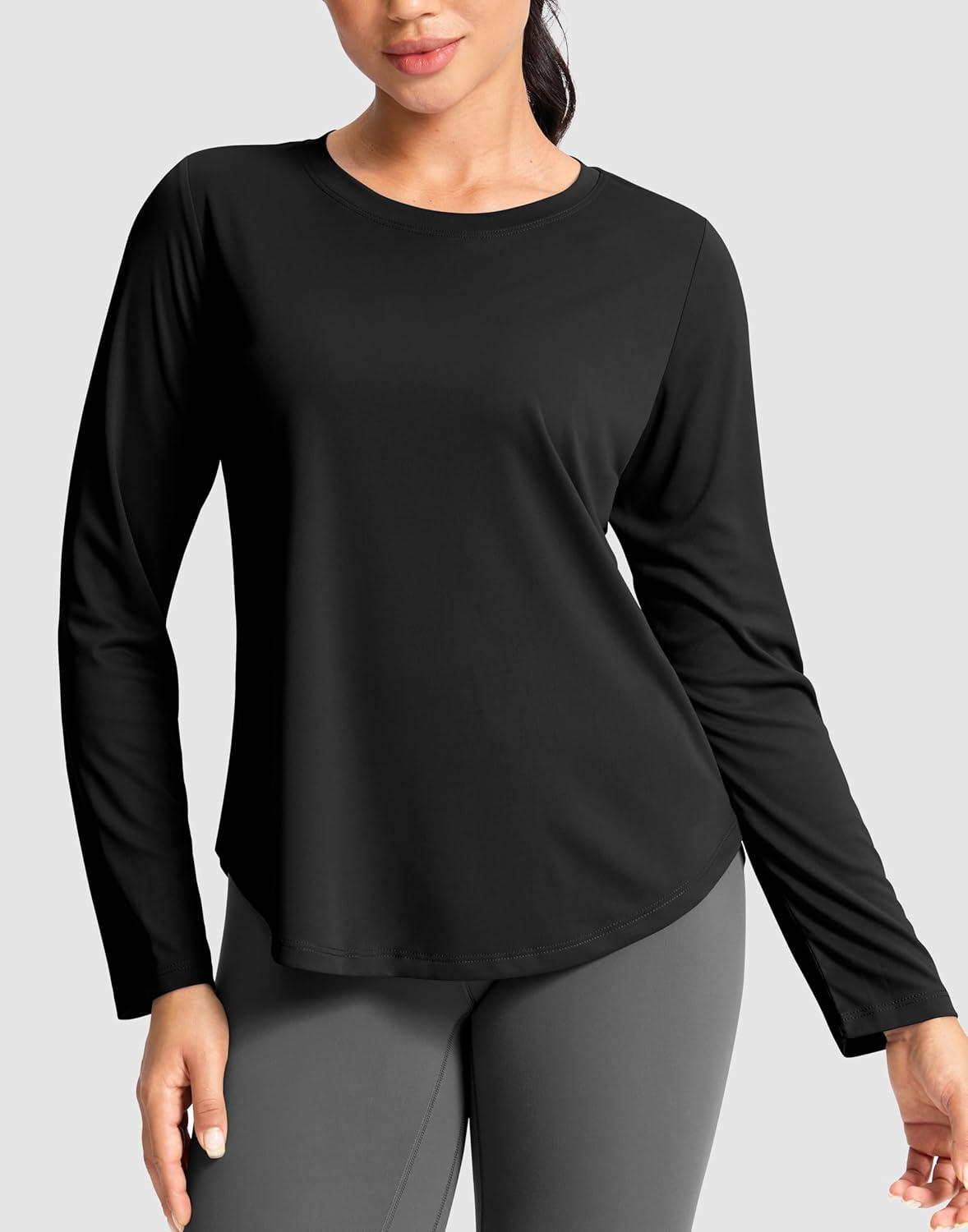 imageSANTINY Lightweight Long Sleeve Workout Tops for Women Breathable Active Tennis Sports Top Gym Yoga Athletic Running ShirtsBlack