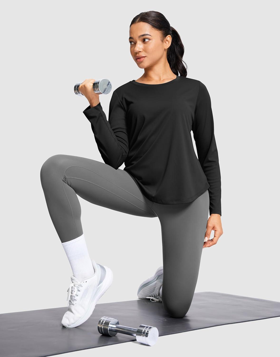 imageSANTINY Lightweight Long Sleeve Workout Tops for Women Breathable Active Tennis Sports Top Gym Yoga Athletic Running ShirtsBlack