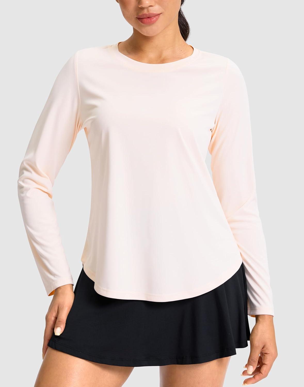 imageSANTINY Lightweight Long Sleeve Workout Tops for Women Breathable Active Tennis Sports Top Gym Yoga Athletic Running ShirtsCream