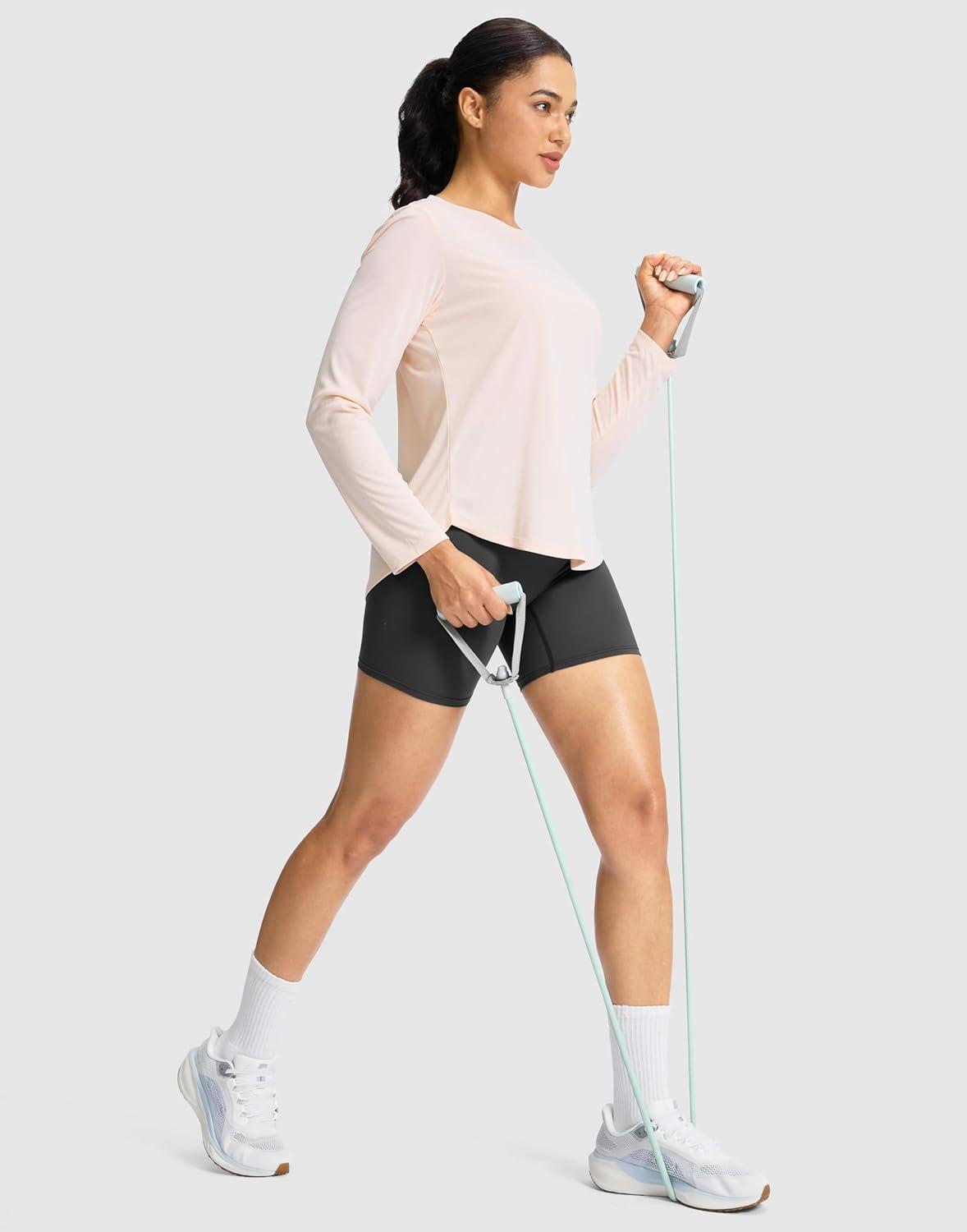 imageSANTINY Lightweight Long Sleeve Workout Tops for Women Breathable Active Tennis Sports Top Gym Yoga Athletic Running ShirtsCream