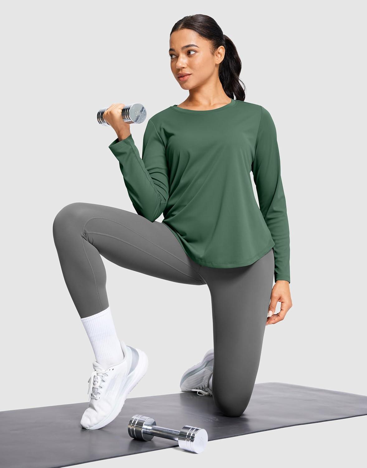 imageSANTINY Lightweight Long Sleeve Workout Tops for Women Breathable Active Tennis Sports Top Gym Yoga Athletic Running ShirtsGreen