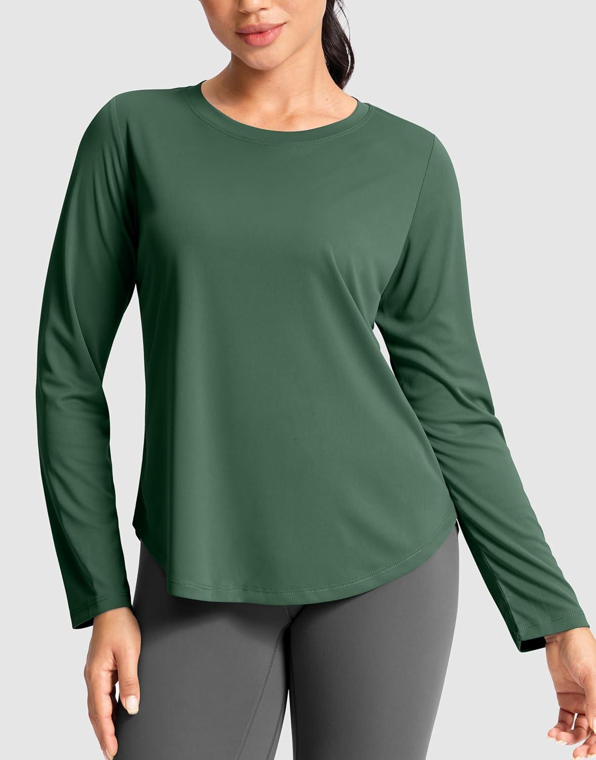 imageSANTINY Lightweight Long Sleeve Workout Tops for Women Breathable Active Tennis Sports Top Gym Yoga Athletic Running ShirtsGreen