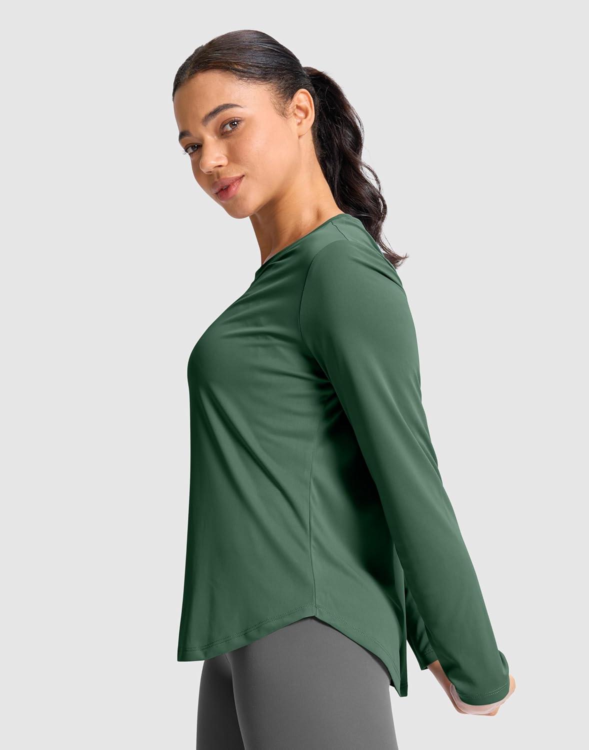 imageSANTINY Lightweight Long Sleeve Workout Tops for Women Breathable Active Tennis Sports Top Gym Yoga Athletic Running ShirtsGreen