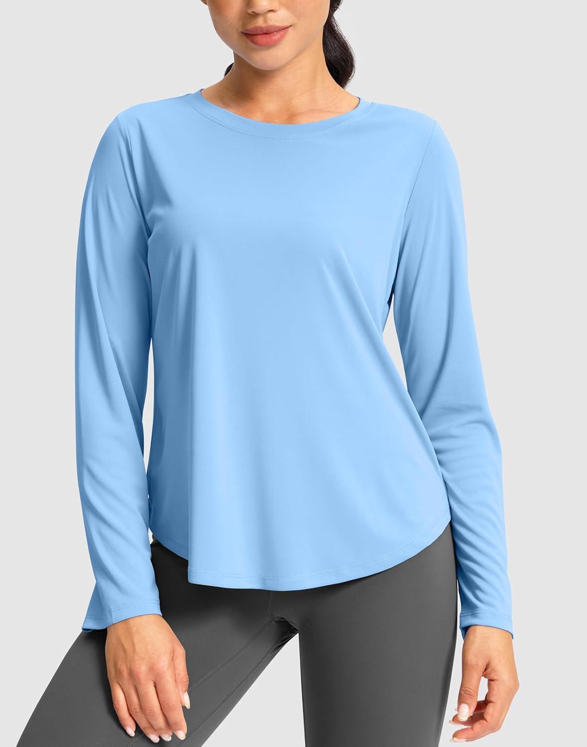 imageSANTINY Lightweight Long Sleeve Workout Tops for Women Breathable Active Tennis Sports Top Gym Yoga Athletic Running ShirtsHaze Blue