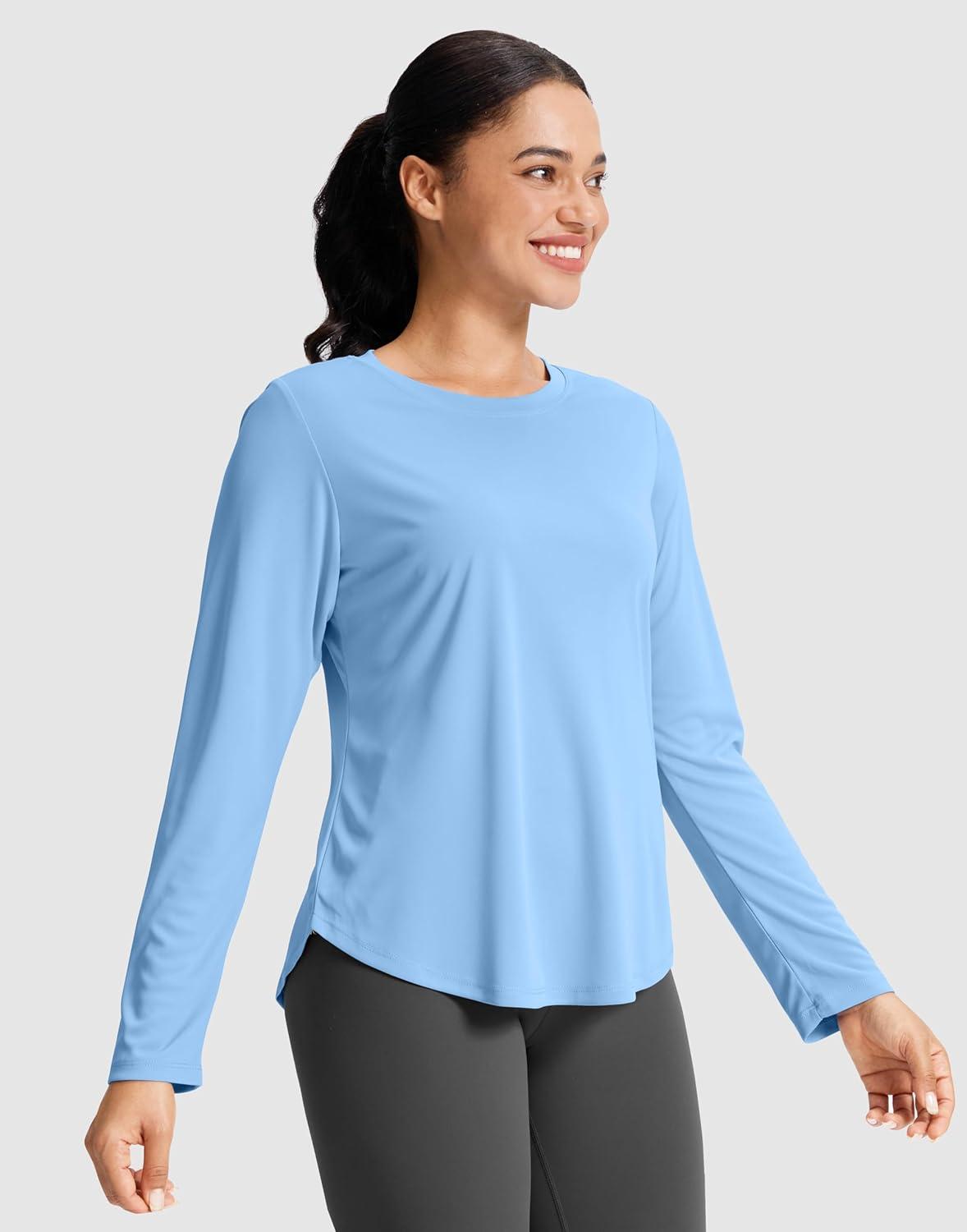 imageSANTINY Lightweight Long Sleeve Workout Tops for Women Breathable Active Tennis Sports Top Gym Yoga Athletic Running ShirtsHaze Blue