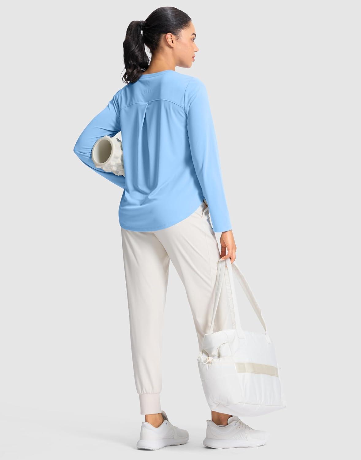 imageSANTINY Lightweight Long Sleeve Workout Tops for Women Breathable Active Tennis Sports Top Gym Yoga Athletic Running ShirtsHaze Blue