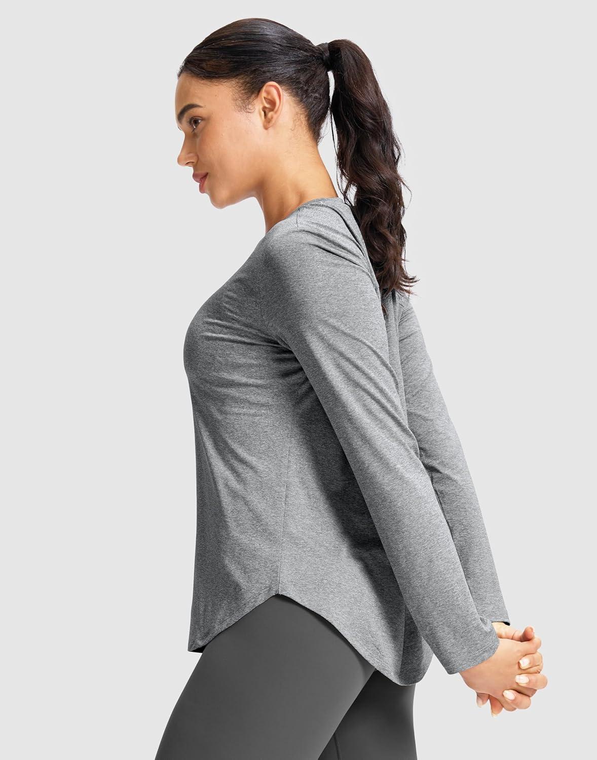 imageSANTINY Lightweight Long Sleeve Workout Tops for Women Breathable Active Tennis Sports Top Gym Yoga Athletic Running ShirtsHeather Grey