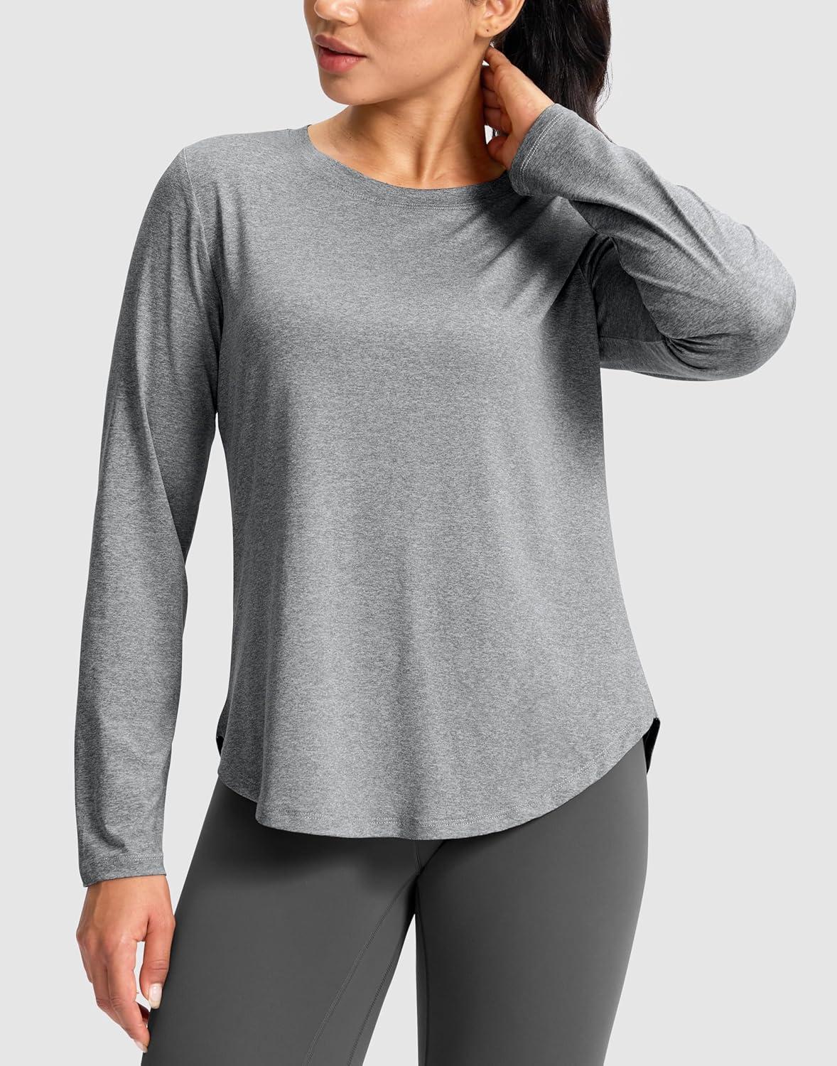 imageSANTINY Lightweight Long Sleeve Workout Tops for Women Breathable Active Tennis Sports Top Gym Yoga Athletic Running ShirtsHeather Grey