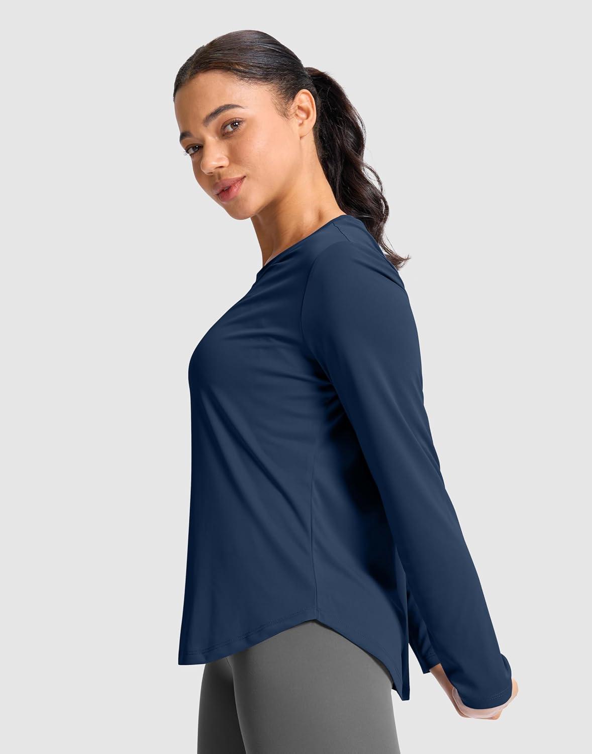 imageSANTINY Lightweight Long Sleeve Workout Tops for Women Breathable Active Tennis Sports Top Gym Yoga Athletic Running ShirtsNavy