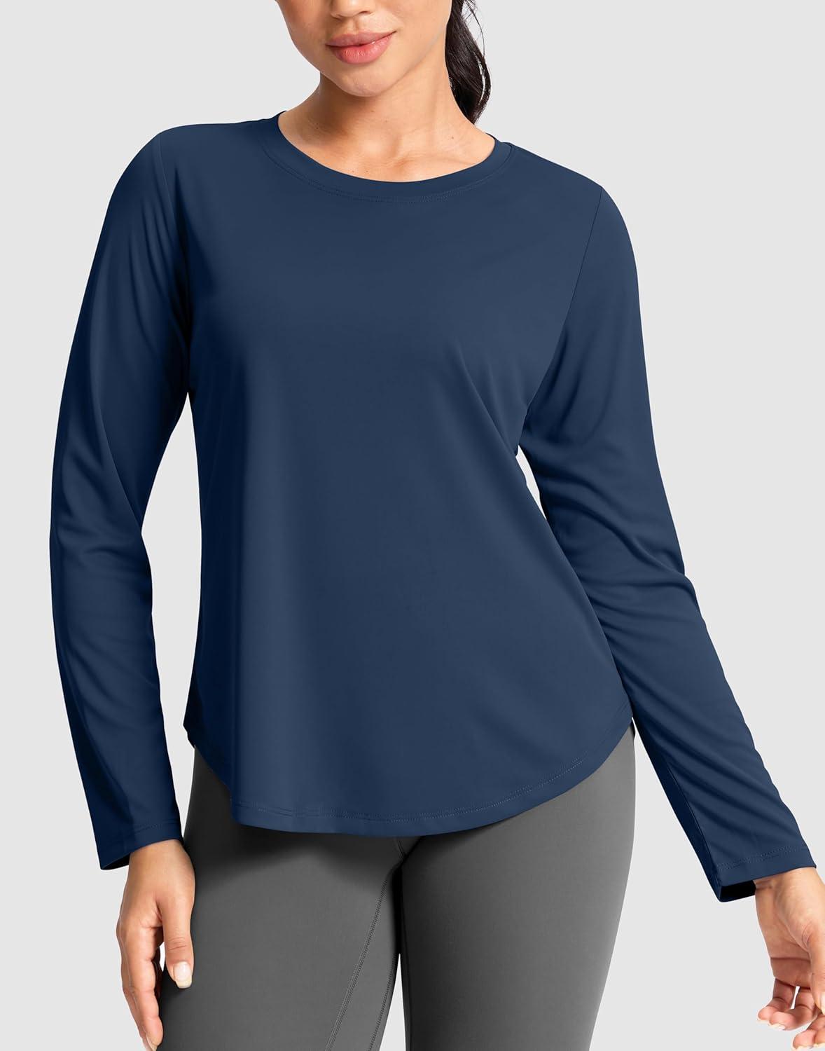 imageSANTINY Lightweight Long Sleeve Workout Tops for Women Breathable Active Tennis Sports Top Gym Yoga Athletic Running ShirtsNavy