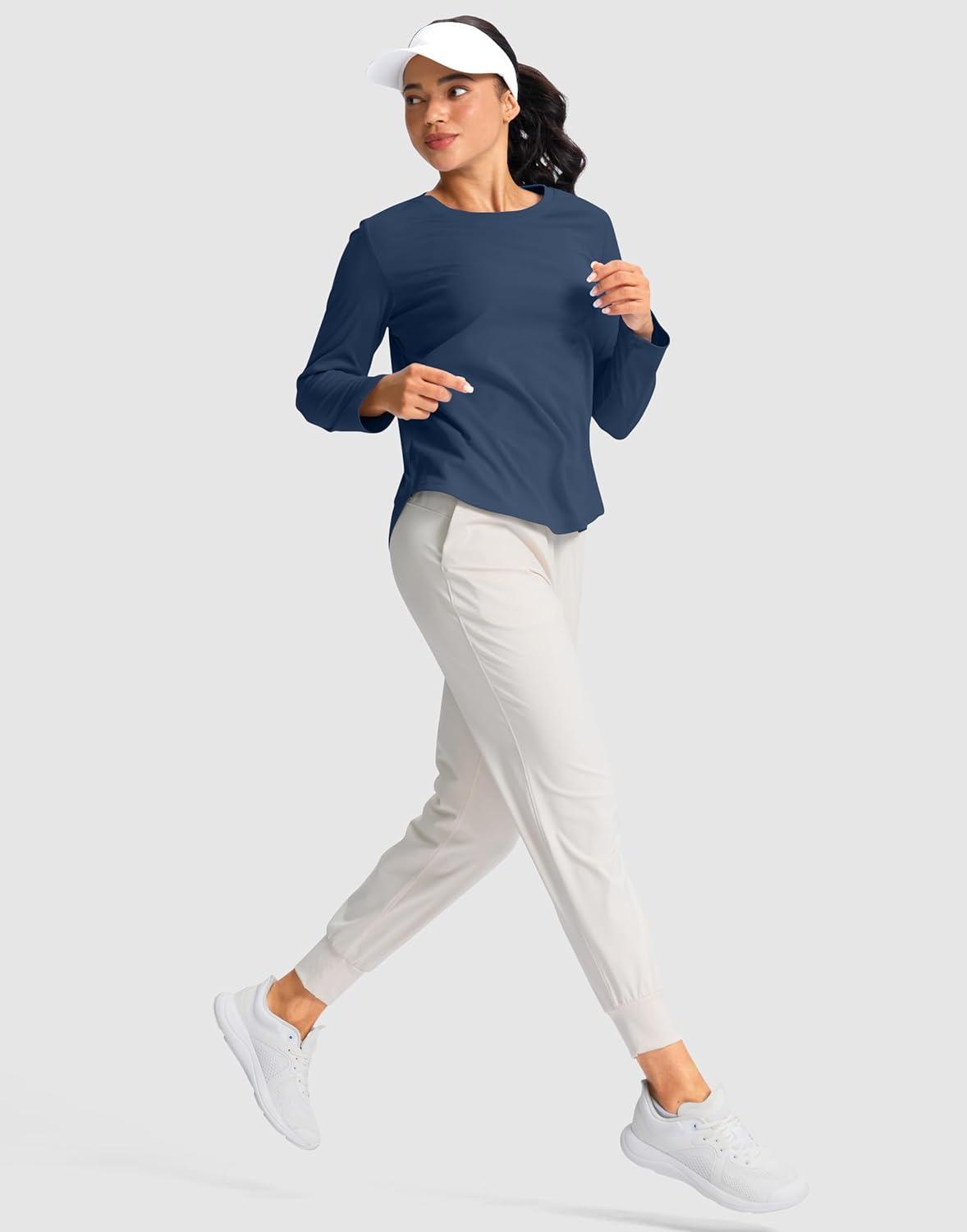 imageSANTINY Lightweight Long Sleeve Workout Tops for Women Breathable Active Tennis Sports Top Gym Yoga Athletic Running ShirtsNavy