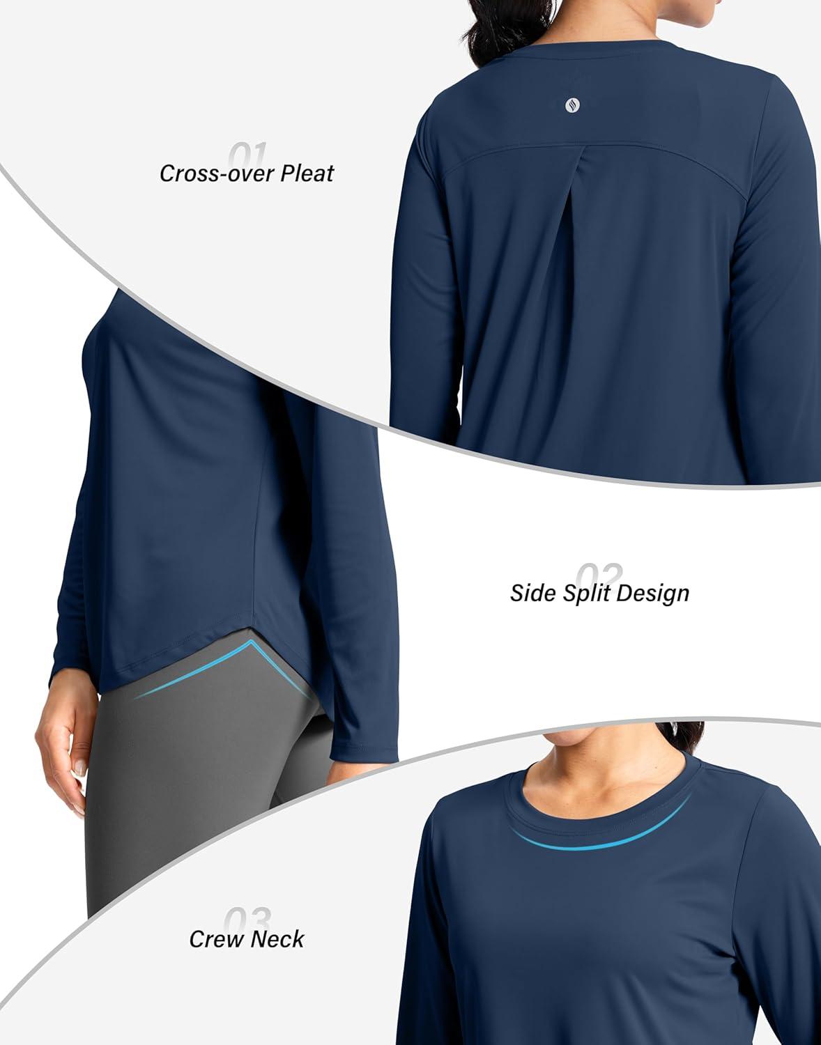 imageSANTINY Lightweight Long Sleeve Workout Tops for Women Breathable Active Tennis Sports Top Gym Yoga Athletic Running ShirtsNavy