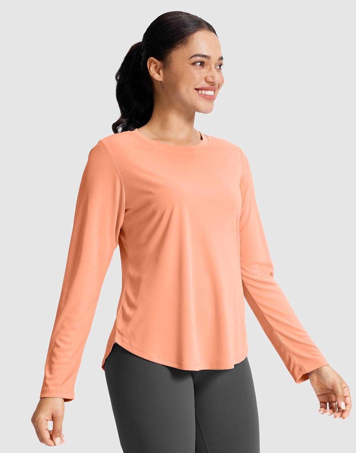 imageSANTINY Lightweight Long Sleeve Workout Tops for Women Breathable Active Tennis Sports Top Gym Yoga Athletic Running ShirtsOrange