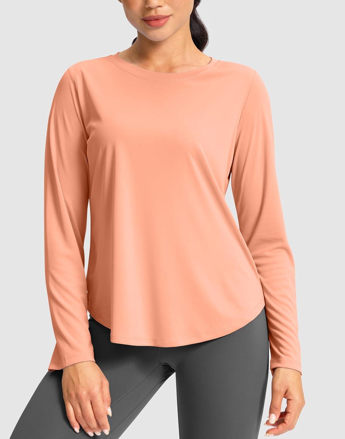 imageSANTINY Lightweight Long Sleeve Workout Tops for Women Breathable Active Tennis Sports Top Gym Yoga Athletic Running ShirtsOrange