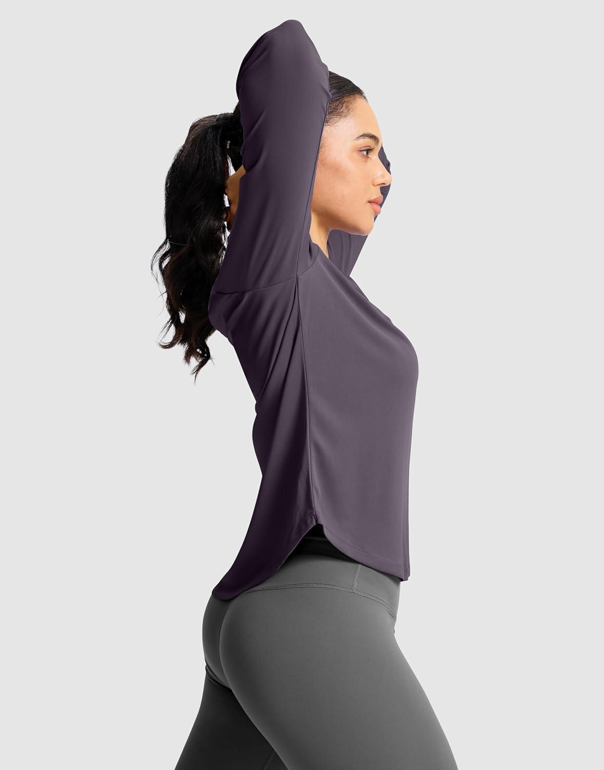 imageSANTINY Lightweight Long Sleeve Workout Tops for Women Breathable Active Tennis Sports Top Gym Yoga Athletic Running ShirtsPurple Grey