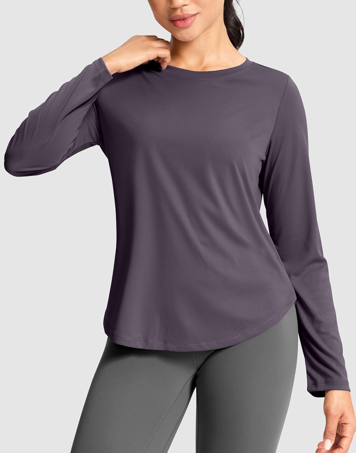 imageSANTINY Lightweight Long Sleeve Workout Tops for Women Breathable Active Tennis Sports Top Gym Yoga Athletic Running ShirtsPurple Grey