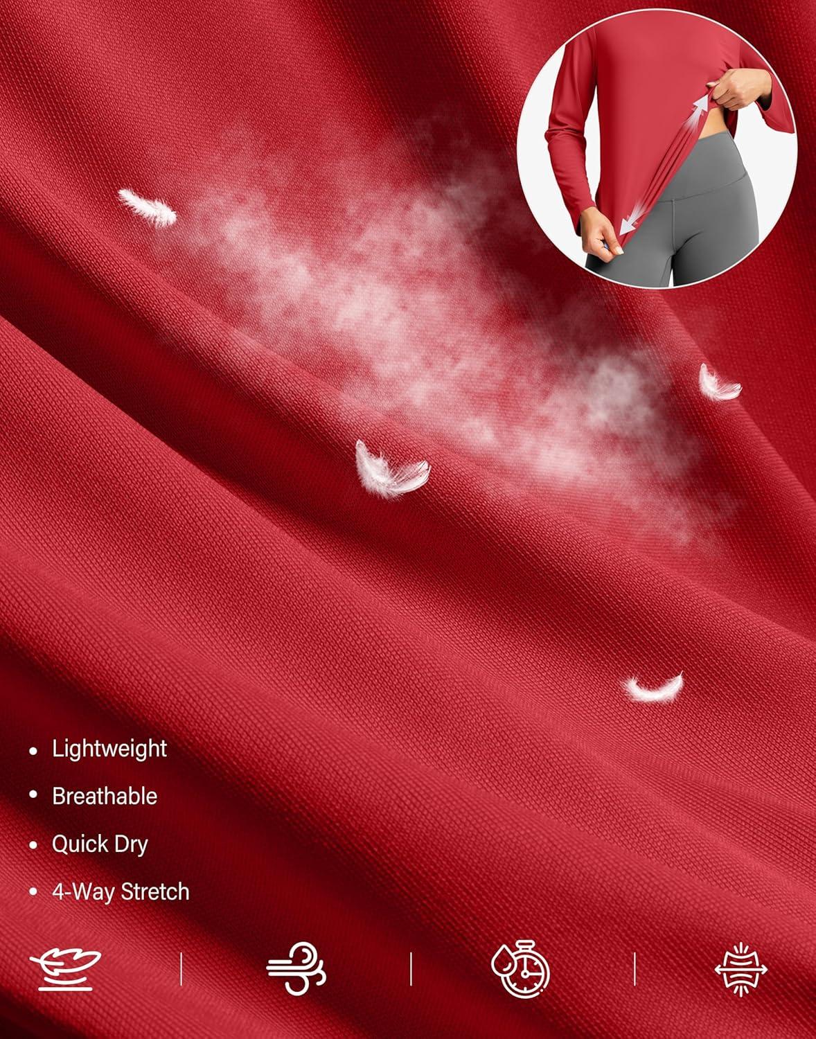 imageSANTINY Lightweight Long Sleeve Workout Tops for Women Breathable Active Tennis Sports Top Gym Yoga Athletic Running ShirtsRed