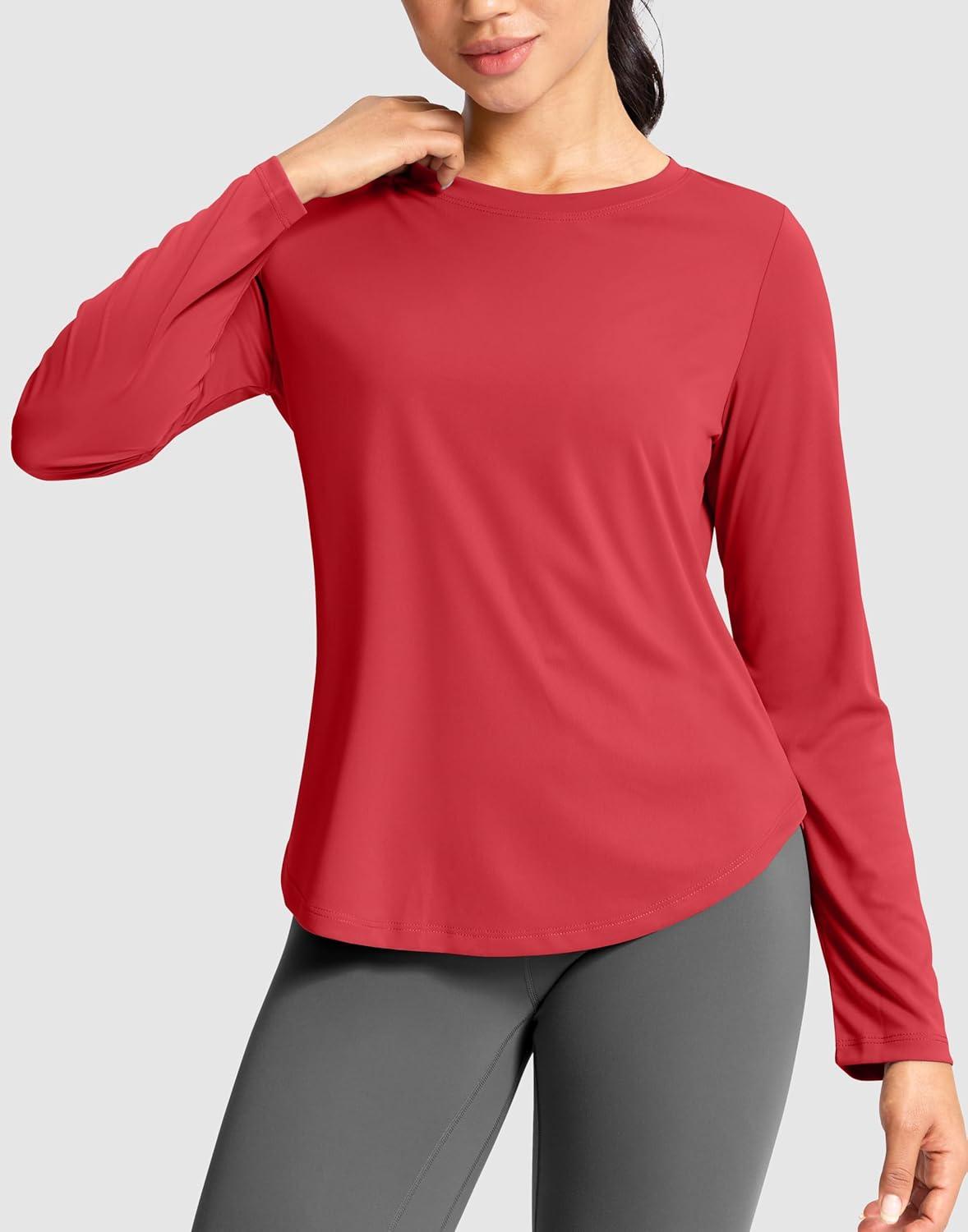 imageSANTINY Lightweight Long Sleeve Workout Tops for Women Breathable Active Tennis Sports Top Gym Yoga Athletic Running ShirtsRed