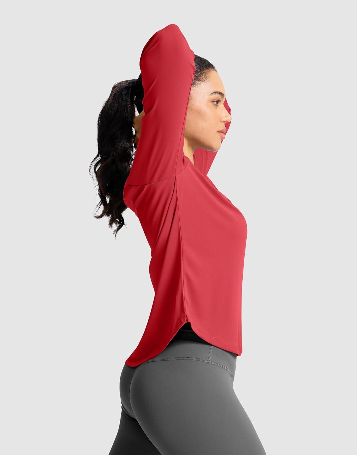 imageSANTINY Lightweight Long Sleeve Workout Tops for Women Breathable Active Tennis Sports Top Gym Yoga Athletic Running ShirtsRed