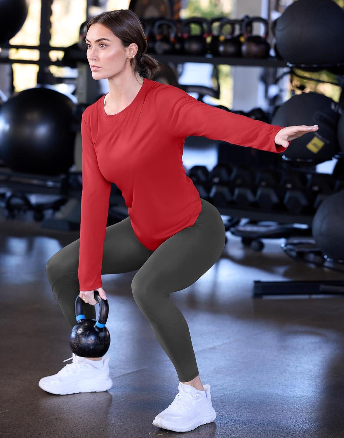 imageSANTINY Lightweight Long Sleeve Workout Tops for Women Breathable Active Tennis Sports Top Gym Yoga Athletic Running ShirtsRed
