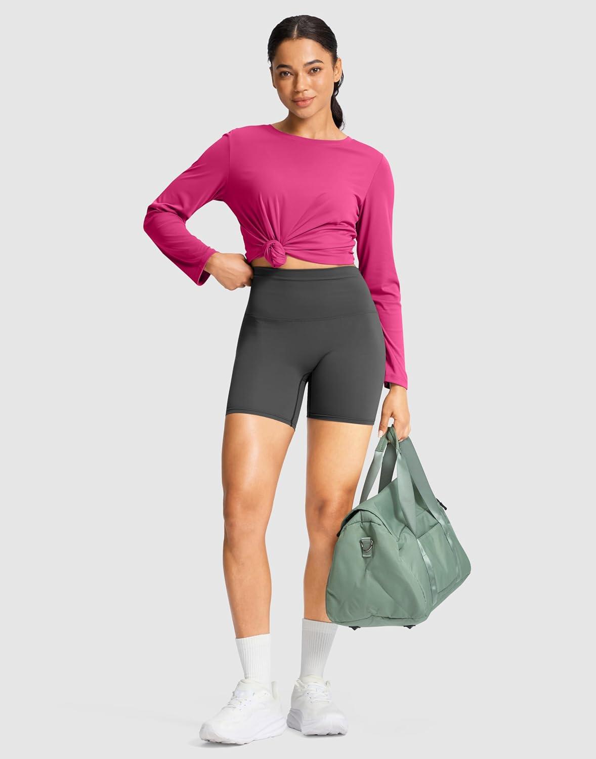 imageSANTINY Lightweight Long Sleeve Workout Tops for Women Breathable Active Tennis Sports Top Gym Yoga Athletic Running ShirtsRose