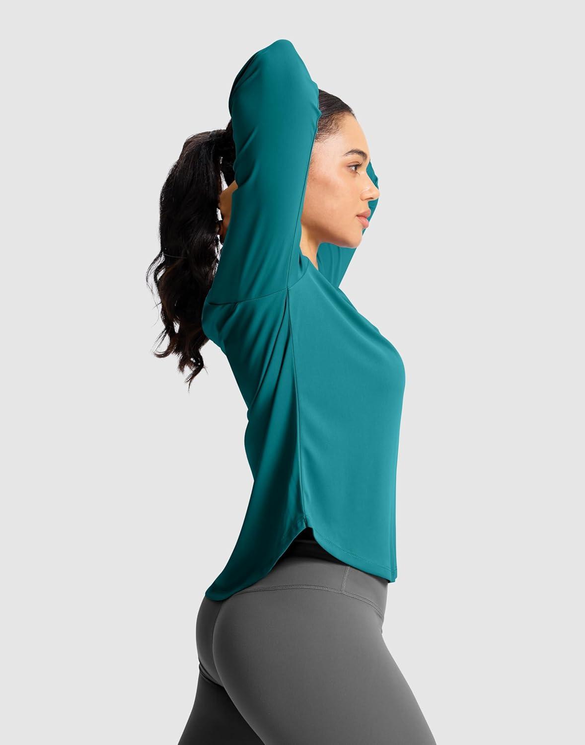 imageSANTINY Lightweight Long Sleeve Workout Tops for Women Breathable Active Tennis Sports Top Gym Yoga Athletic Running ShirtsTeal