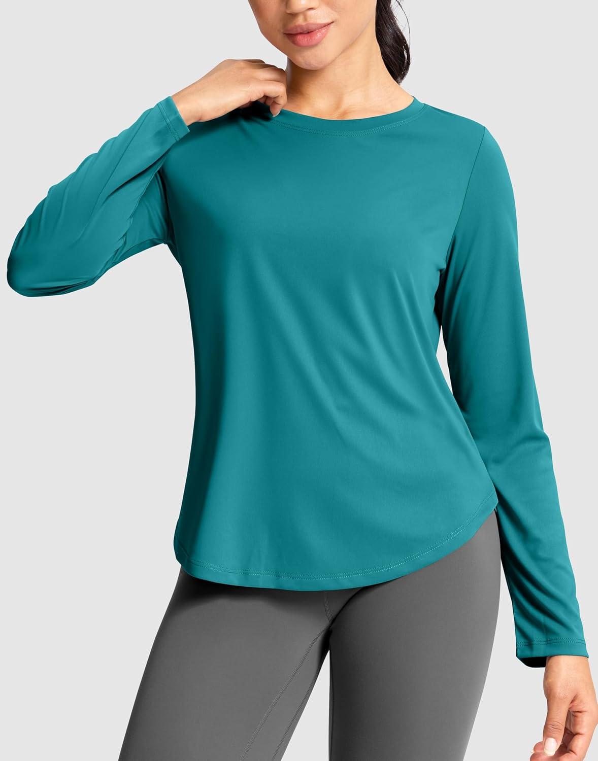 imageSANTINY Lightweight Long Sleeve Workout Tops for Women Breathable Active Tennis Sports Top Gym Yoga Athletic Running ShirtsTeal