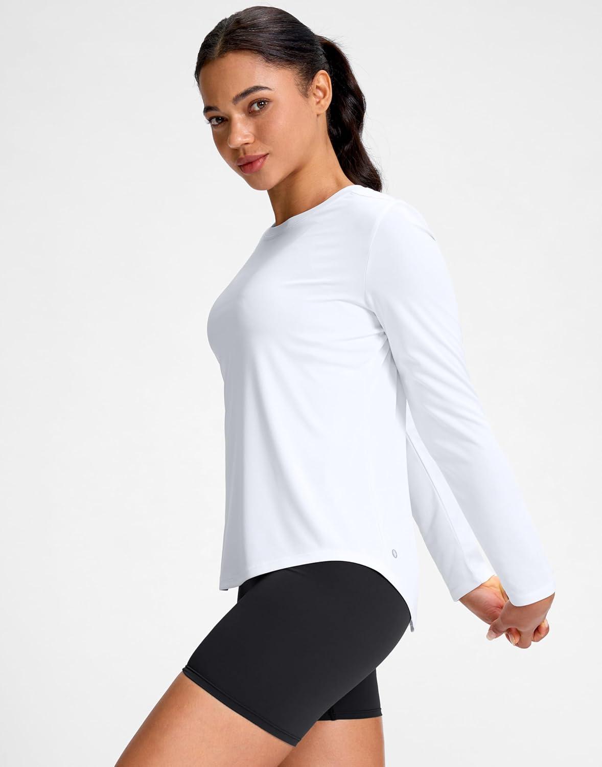 imageSANTINY Lightweight Long Sleeve Workout Tops for Women Breathable Tennis Active Sports Top Gym Yoga Athletic Running ShirtsA White