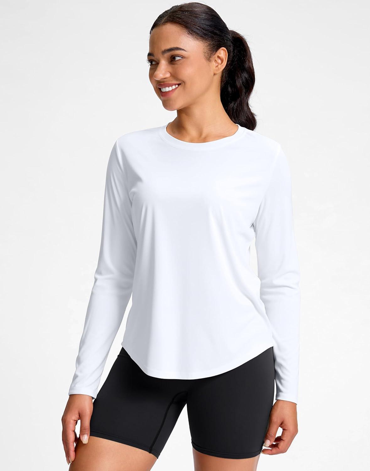 imageSANTINY Lightweight Long Sleeve Workout Tops for Women Breathable Tennis Active Sports Top Gym Yoga Athletic Running ShirtsA White
