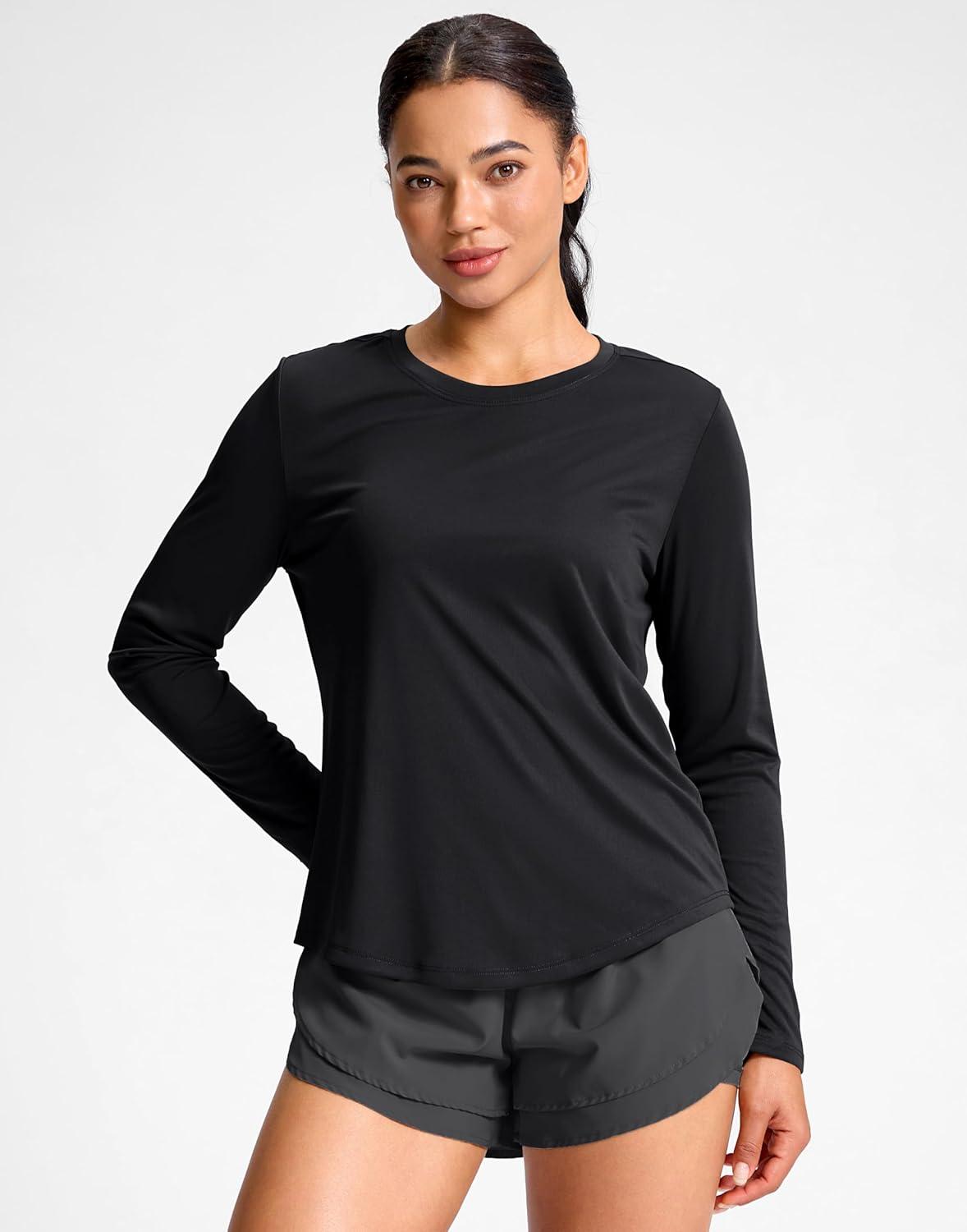 imageSANTINY Lightweight Long Sleeve Workout Tops for Women Breathable Tennis Active Sports Top Gym Yoga Athletic Running ShirtsBlack