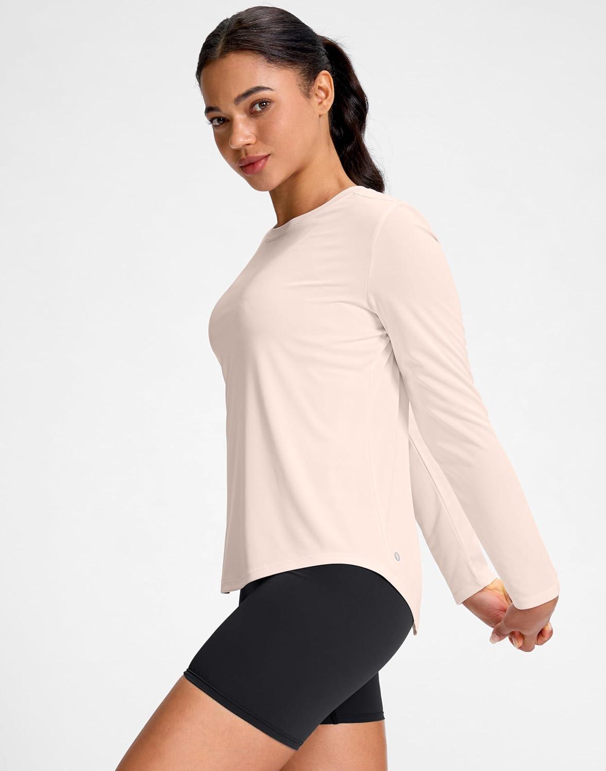 imageSANTINY Lightweight Long Sleeve Workout Tops for Women Breathable Tennis Active Sports Top Gym Yoga Athletic Running ShirtsCream