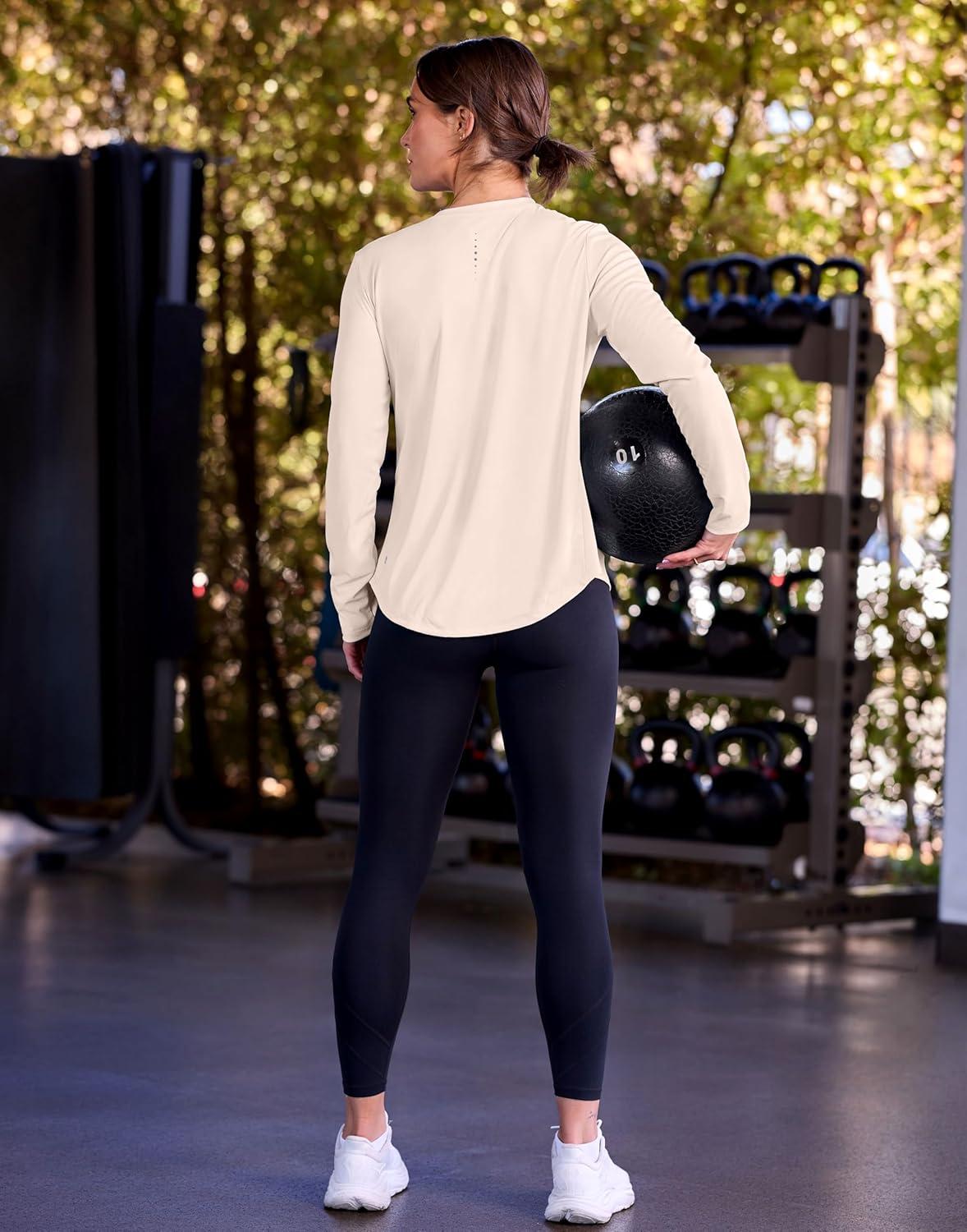 imageSANTINY Lightweight Long Sleeve Workout Tops for Women Breathable Tennis Active Sports Top Gym Yoga Athletic Running ShirtsCream