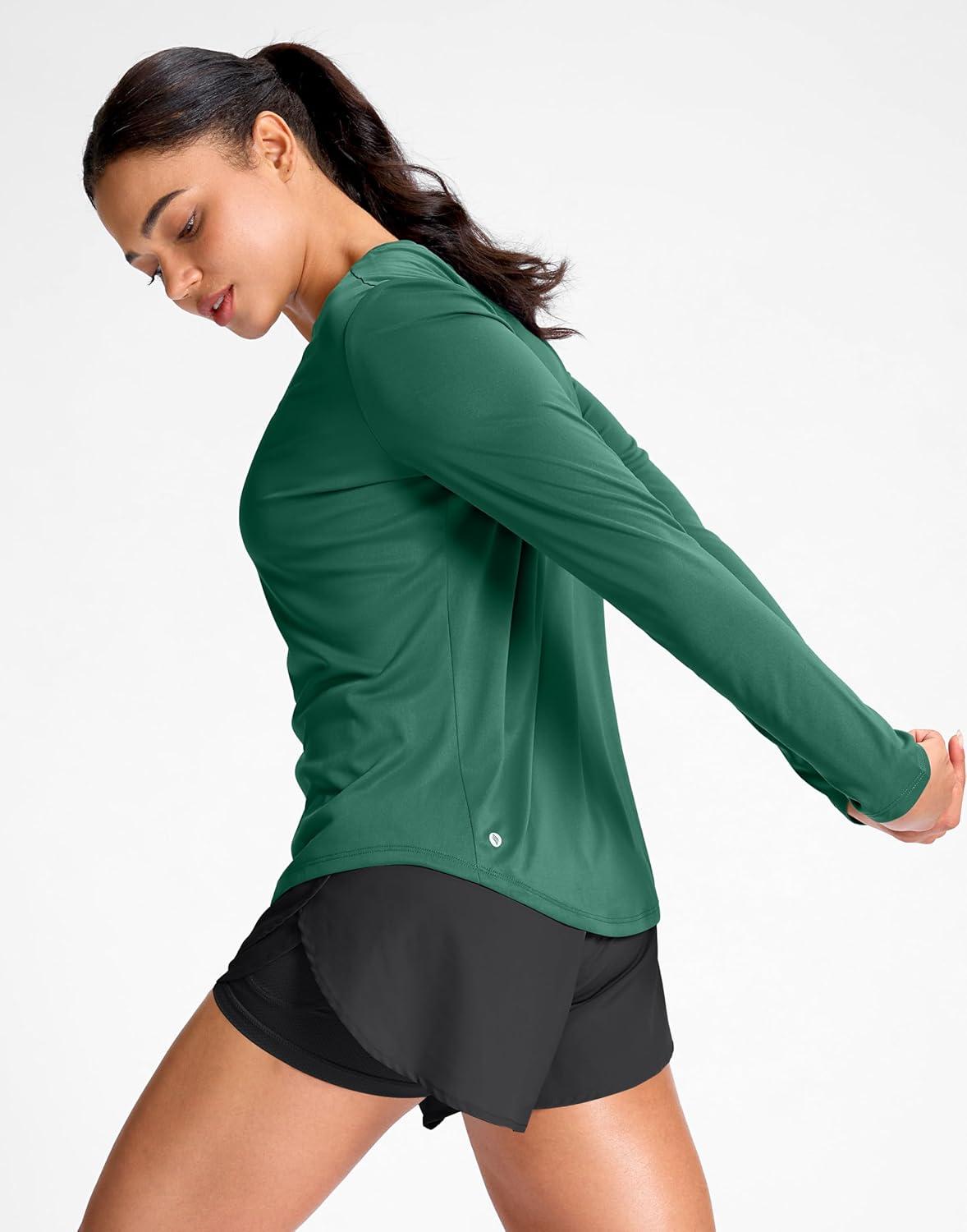 imageSANTINY Lightweight Long Sleeve Workout Tops for Women Breathable Tennis Active Sports Top Gym Yoga Athletic Running ShirtsGreen