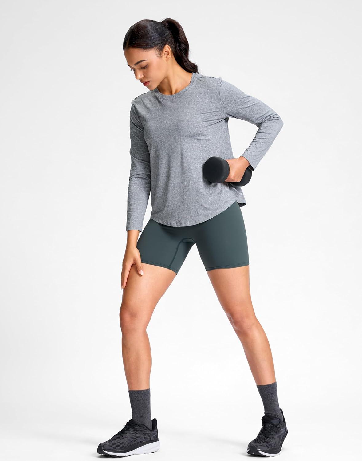 imageSANTINY Lightweight Long Sleeve Workout Tops for Women Breathable Tennis Active Sports Top Gym Yoga Athletic Running ShirtsHeather Grey