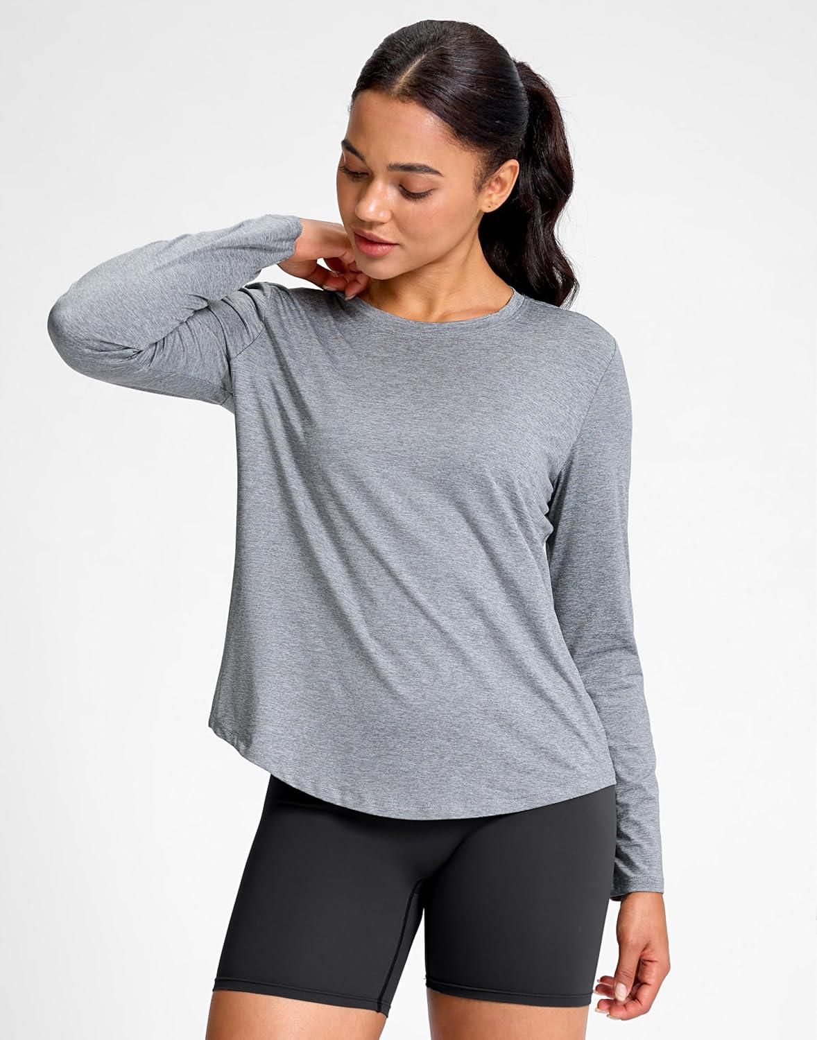 imageSANTINY Lightweight Long Sleeve Workout Tops for Women Breathable Tennis Active Sports Top Gym Yoga Athletic Running ShirtsHeather Grey