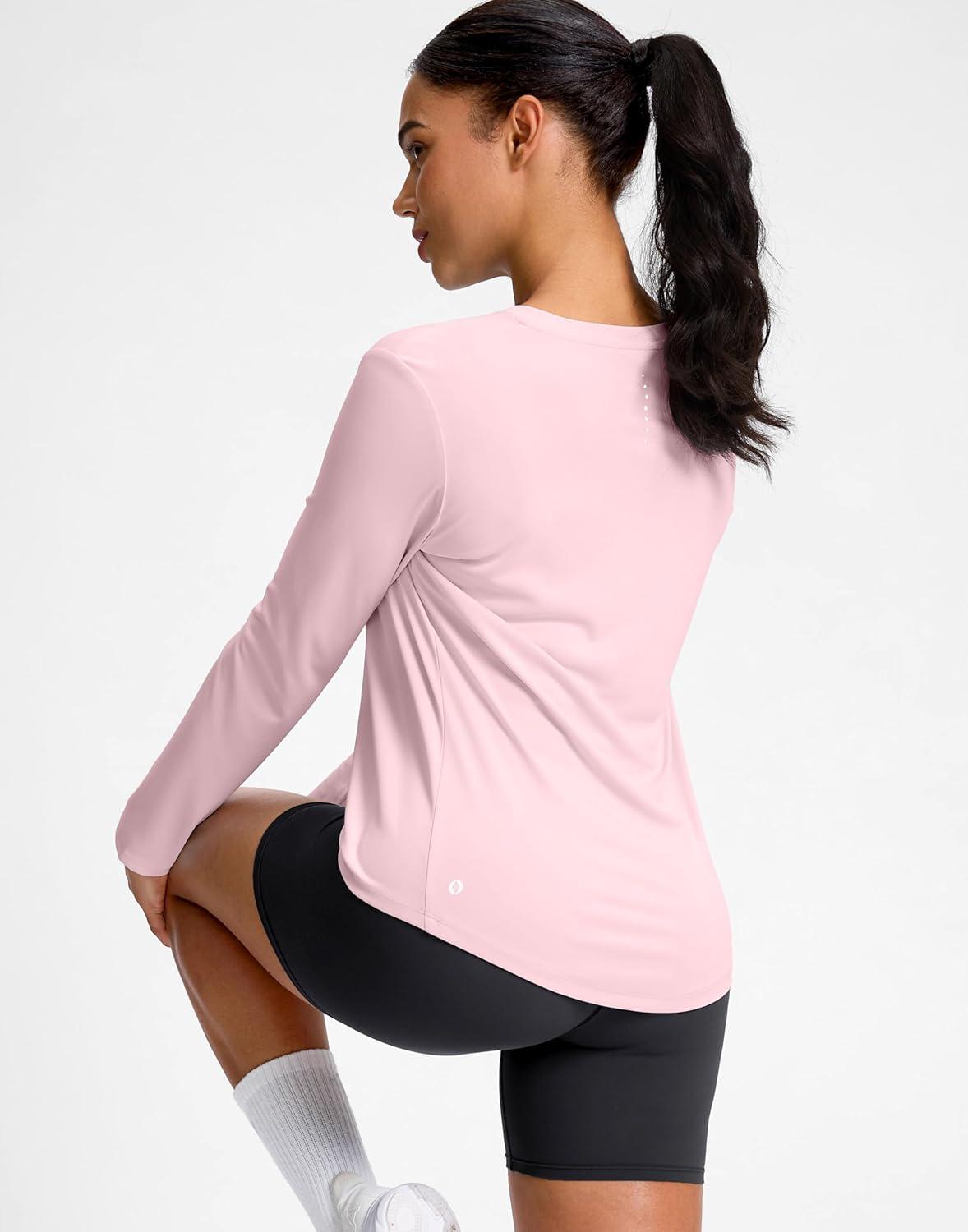 imageSANTINY Lightweight Long Sleeve Workout Tops for Women Breathable Tennis Active Sports Top Gym Yoga Athletic Running ShirtsPink