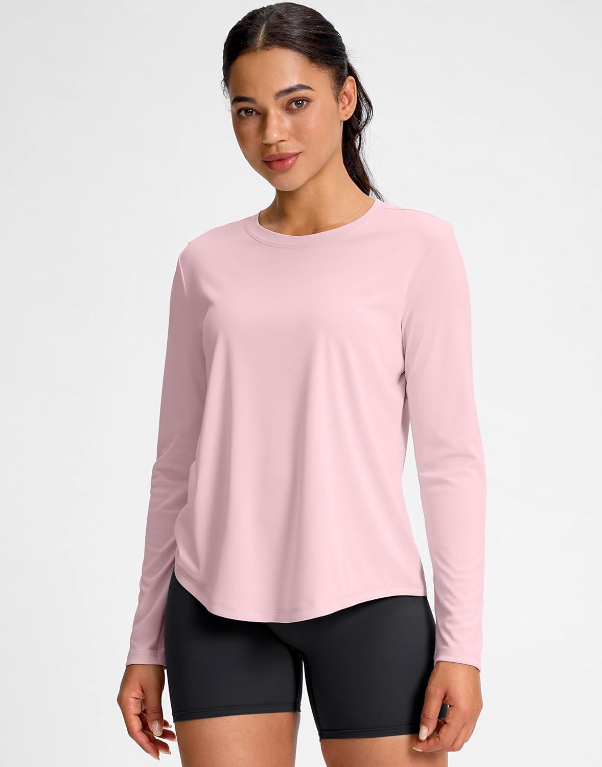 imageSANTINY Lightweight Long Sleeve Workout Tops for Women Breathable Tennis Active Sports Top Gym Yoga Athletic Running ShirtsPink