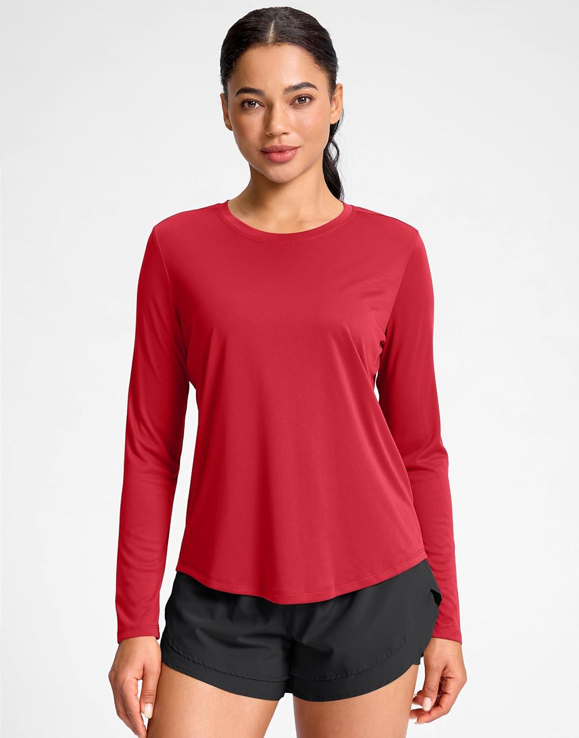 imageSANTINY Lightweight Long Sleeve Workout Tops for Women Breathable Tennis Active Sports Top Gym Yoga Athletic Running ShirtsRed