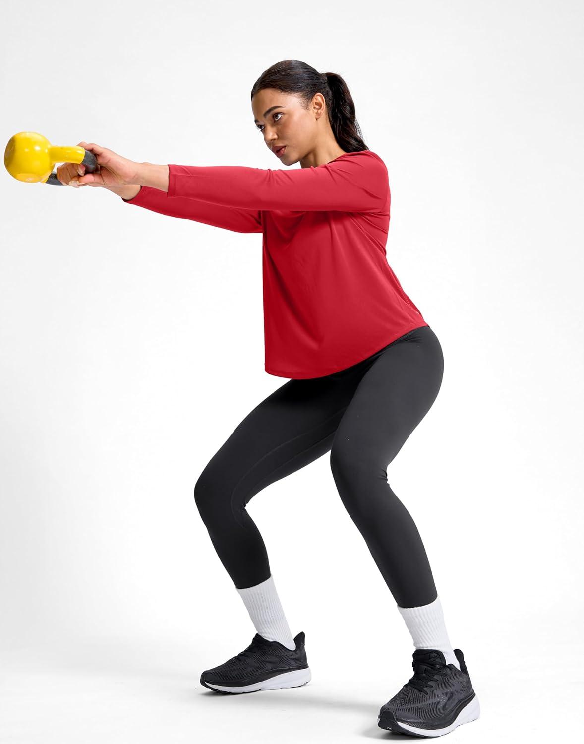 imageSANTINY Lightweight Long Sleeve Workout Tops for Women Breathable Tennis Active Sports Top Gym Yoga Athletic Running ShirtsRed