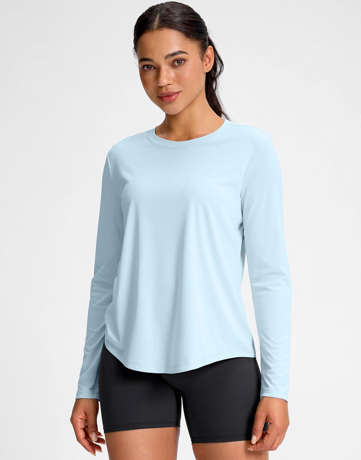 imageSANTINY Lightweight Long Sleeve Workout Tops for Women Breathable Tennis Active Sports Top Gym Yoga Athletic Running ShirtsSky Blue