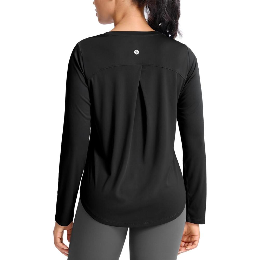 imageSANTINY Lightweight Long Sleeve Workout Tops for Women Breathable Active Tennis Sports Top Gym Yoga Athletic Running ShirtsBlack