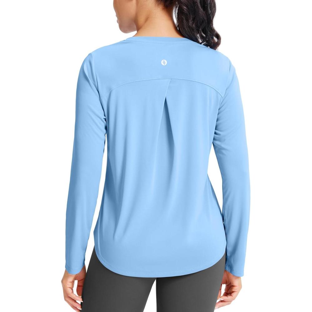 imageSANTINY Lightweight Long Sleeve Workout Tops for Women Breathable Active Tennis Sports Top Gym Yoga Athletic Running ShirtsHaze Blue