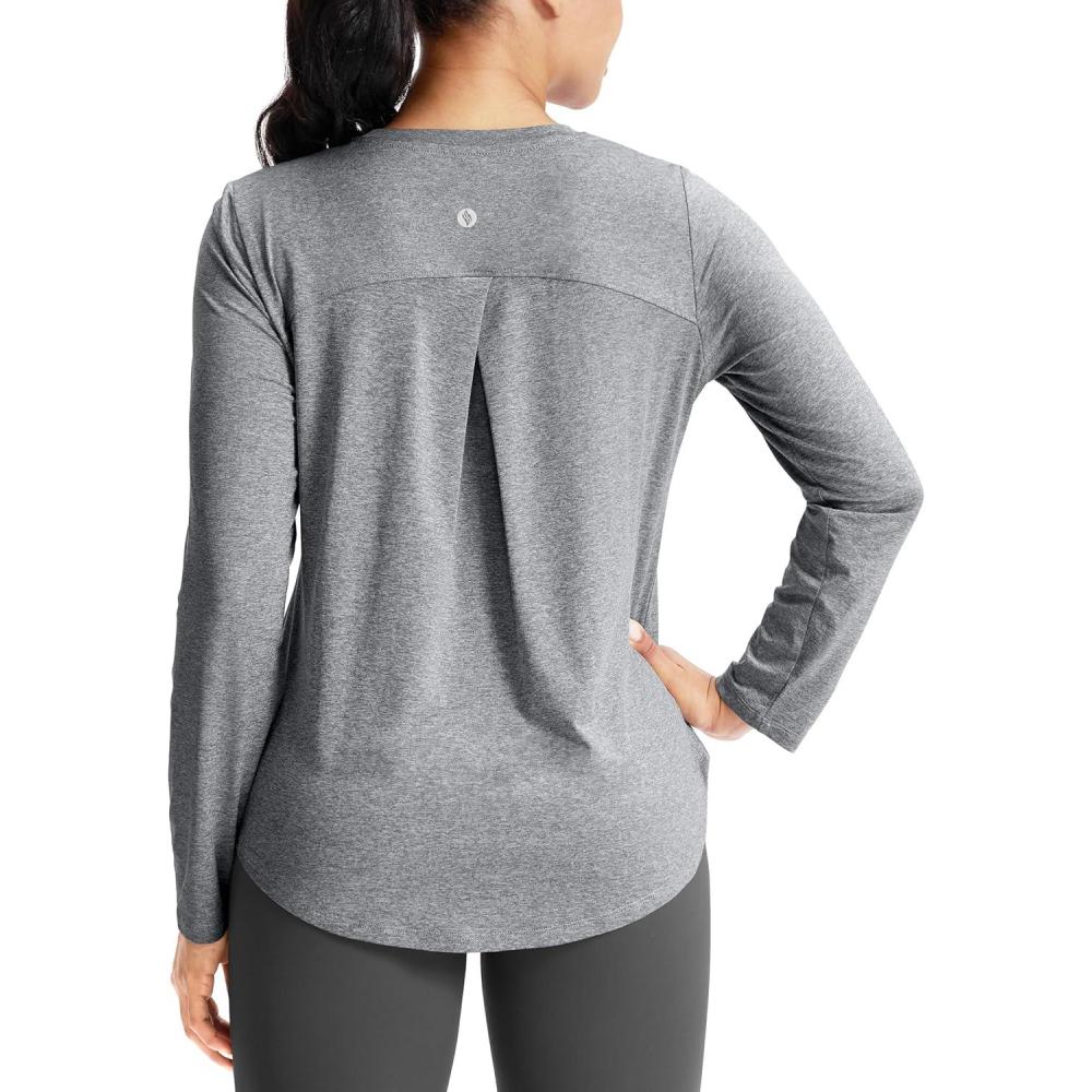 imageSANTINY Lightweight Long Sleeve Workout Tops for Women Breathable Active Tennis Sports Top Gym Yoga Athletic Running ShirtsHeather Grey